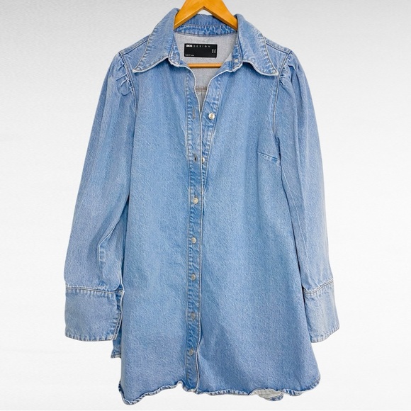 ASOS | Mid-Wash Blue Grunge Long Puff Sleeve Button Down Denim Shirt Dress - Picture 5 of 5